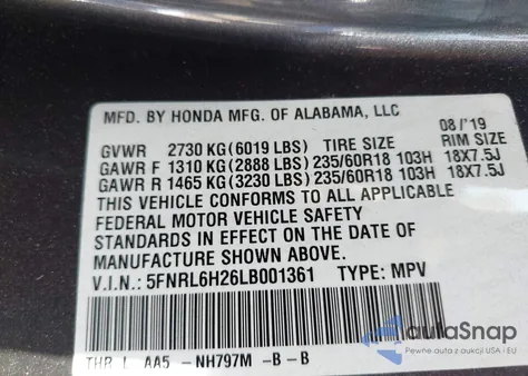 2020 Honda Odyssey Lx из США, поврежденный, VIN 5FNRL6H26LB001361